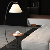 Modern Curved Arc Floor Lamp with Integrated Wood Side Table and Fabric Shade