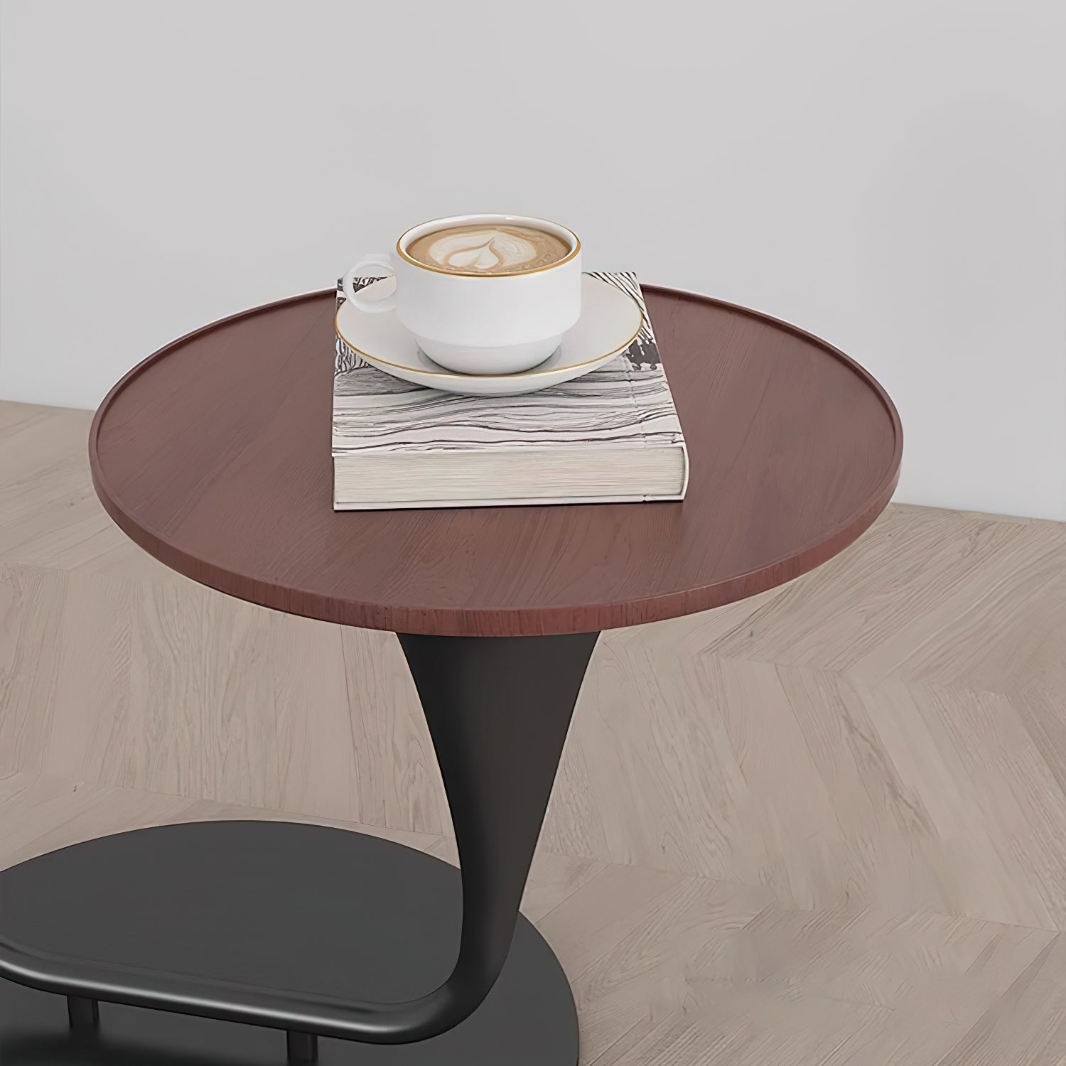 Modern Curved Arc Floor Lamp with Integrated Wood Side Table and Fabric Shade