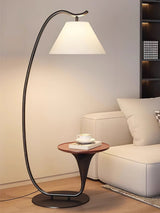 Modern Curved Arc Floor Lamp with Integrated Wood Side Table and Fabric Shade