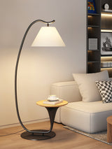 Modern Curved Arc Floor Lamp with Integrated Wood Side Table and Fabric Shade