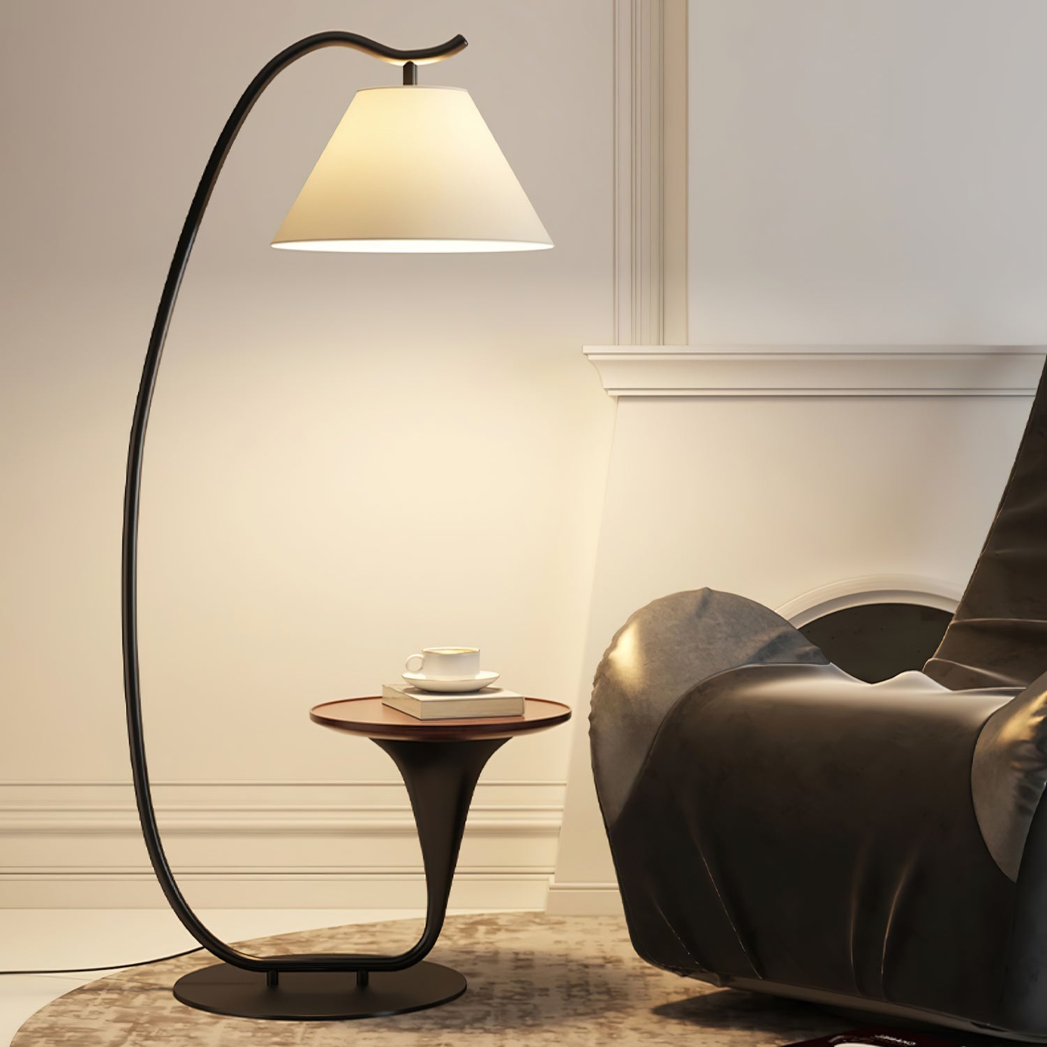 Modern Curved Arc Floor Lamp with Integrated Wood Side Table and Fabric Shade
