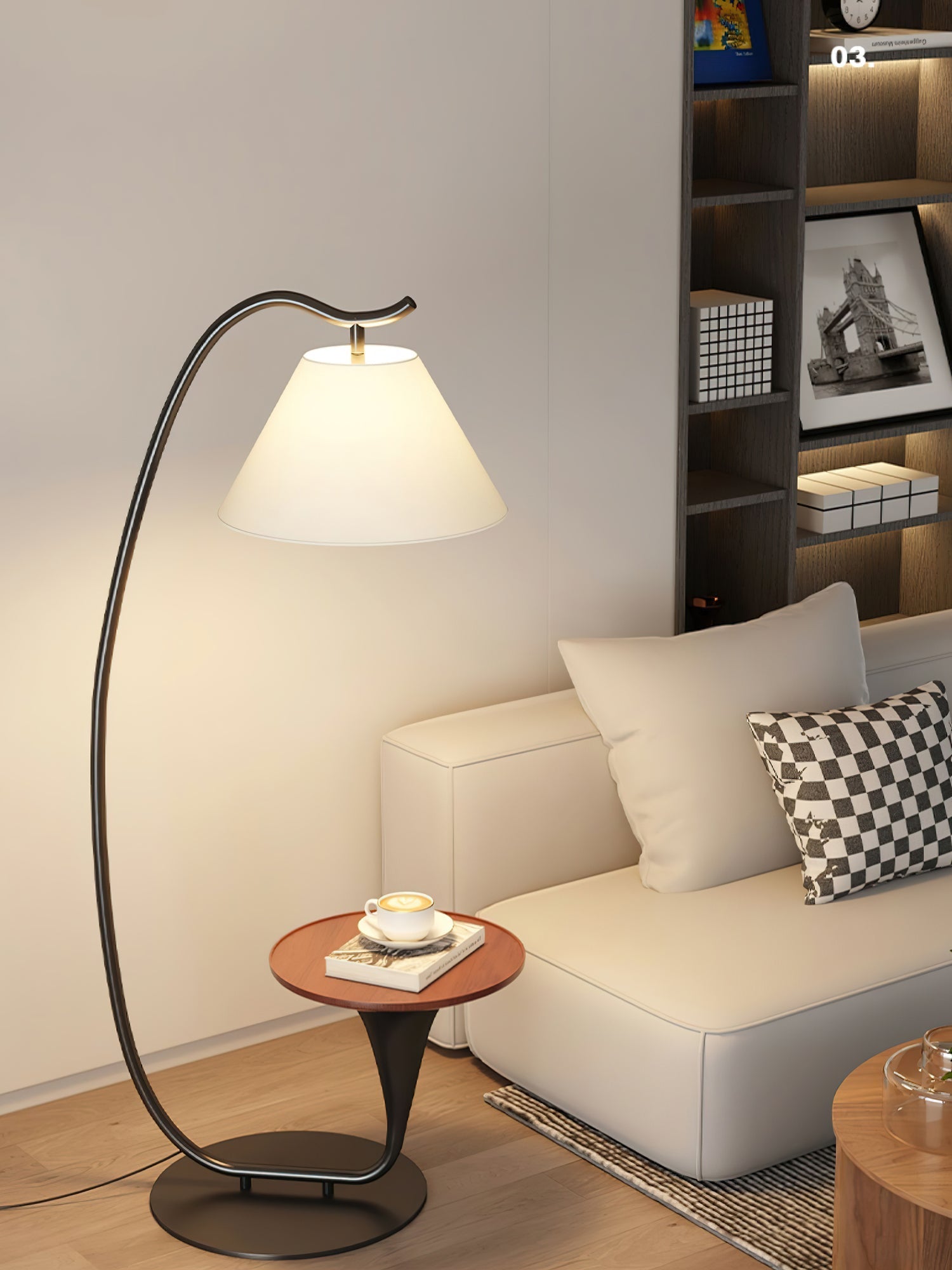 Modern Curved Arc Floor Lamp with Integrated Wood Side Table and Fabric Shade