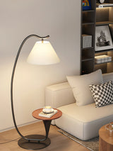 Modern Curved Arc Floor Lamp with Integrated Wood Side Table and Fabric Shade
