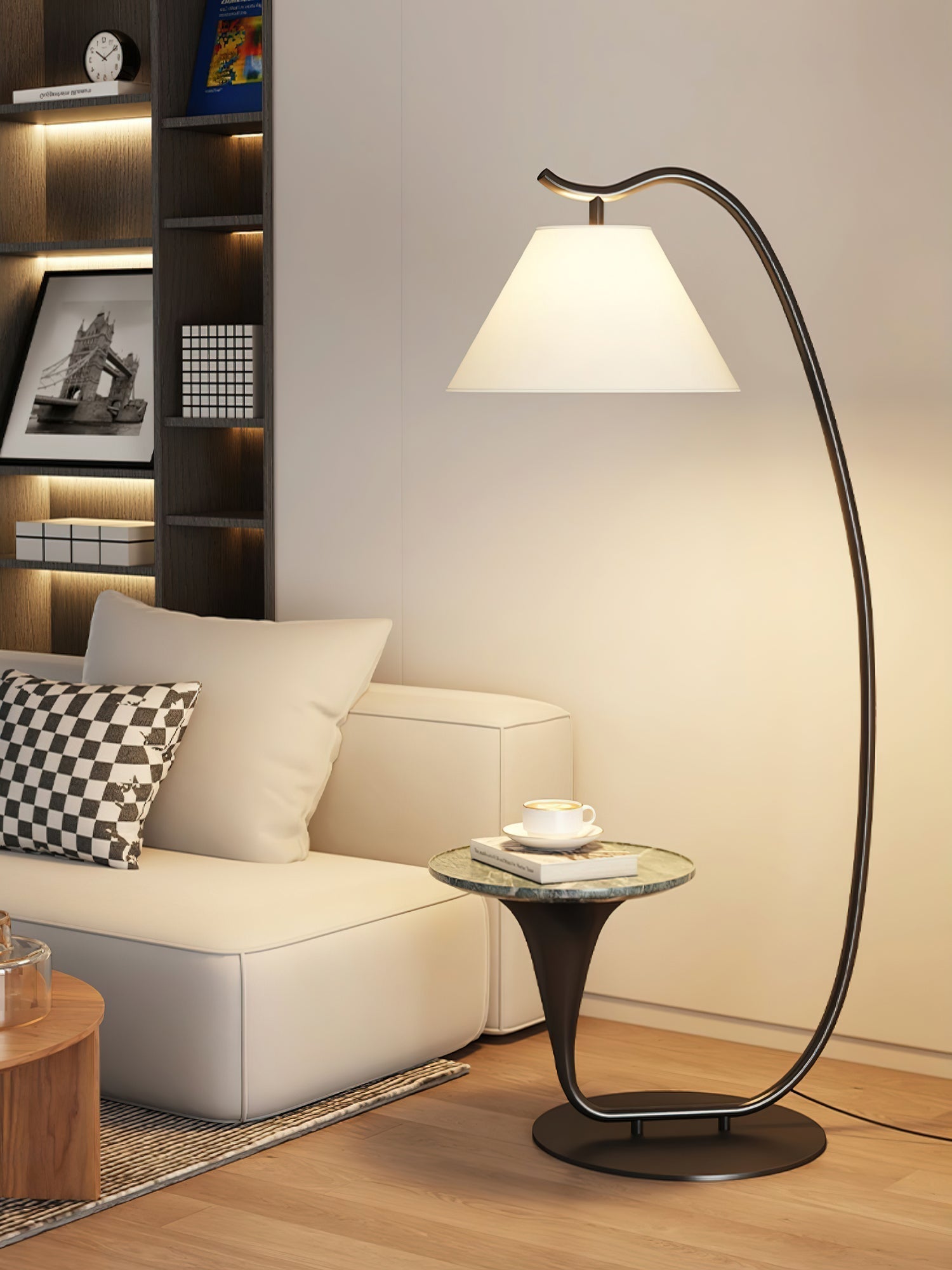 Modern Curved Arc Floor Lamp with Integrated Wood Side Table and Fabric Shade
