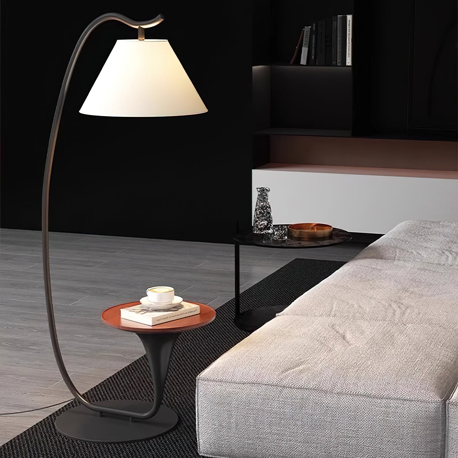Modern Curved Arc Floor Lamp with Integrated Wood Side Table and Fabric Shade