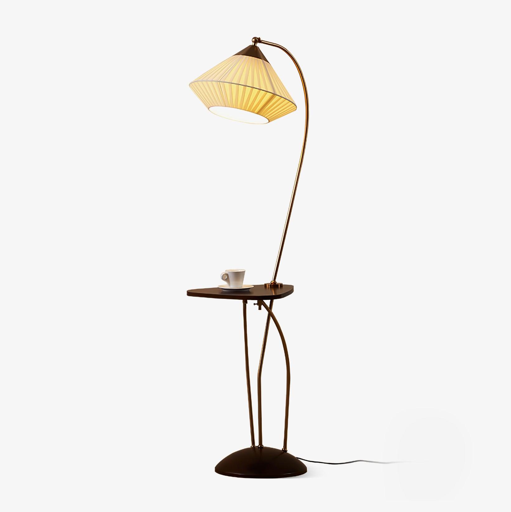 Modern Curve Floor Lamp with Built in Side Table and Walnut Wood Accents