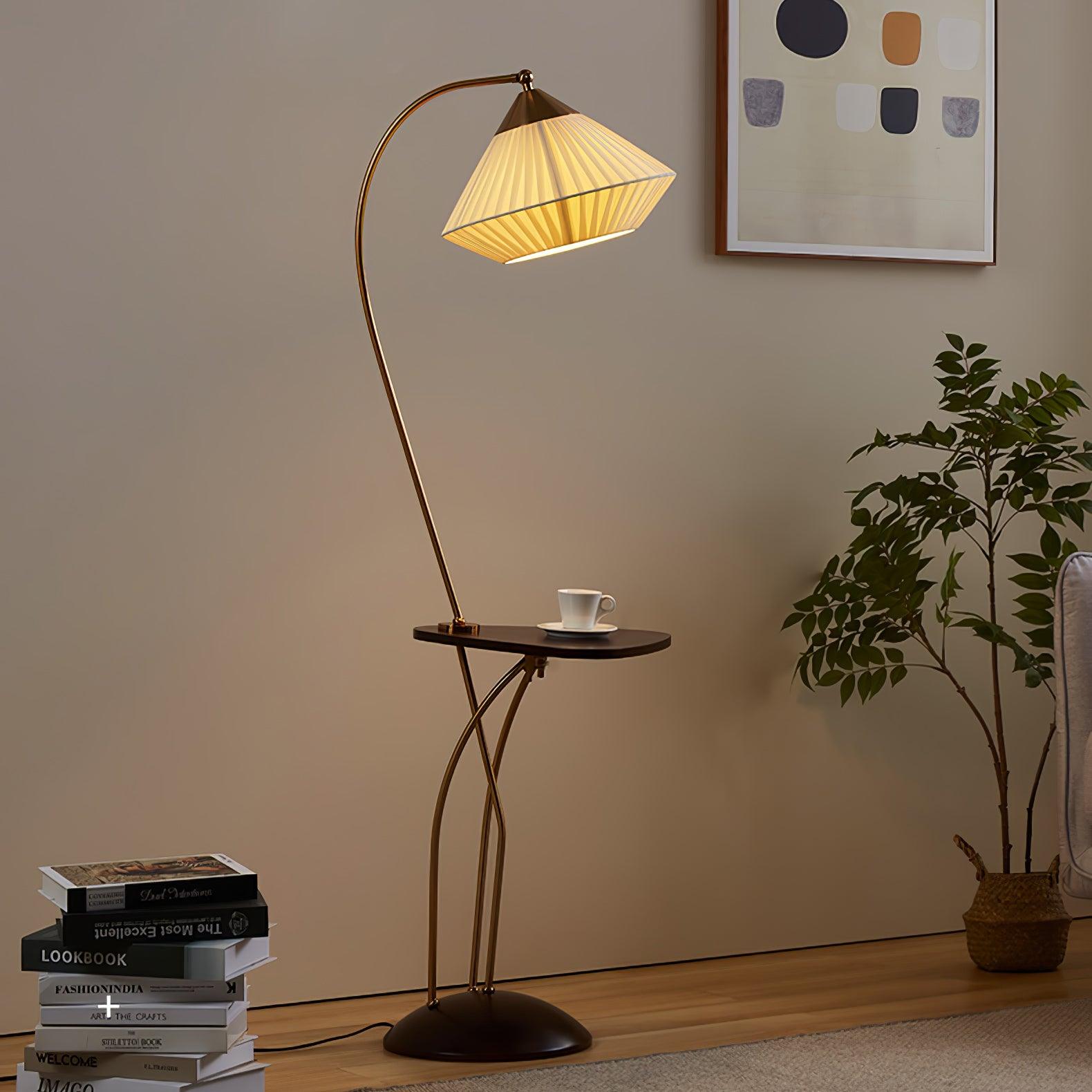 Modern Curve Floor Lamp with Built in Side Table and Walnut Wood Accents