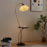 Modern Curve Floor Lamp with Built in Side Table and Walnut Wood Accents