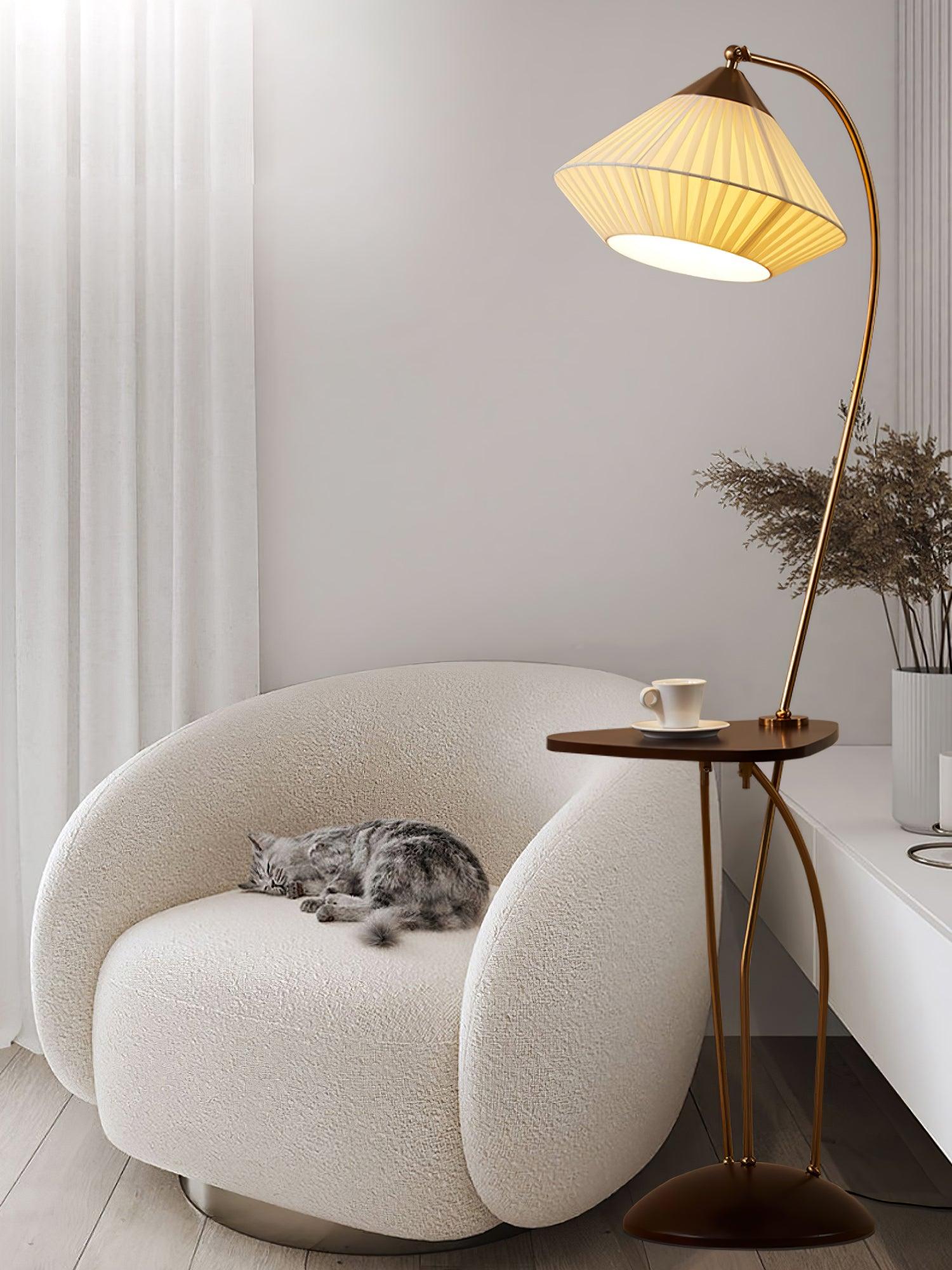 Modern Curve Floor Lamp with Built in Side Table and Walnut Wood Accents