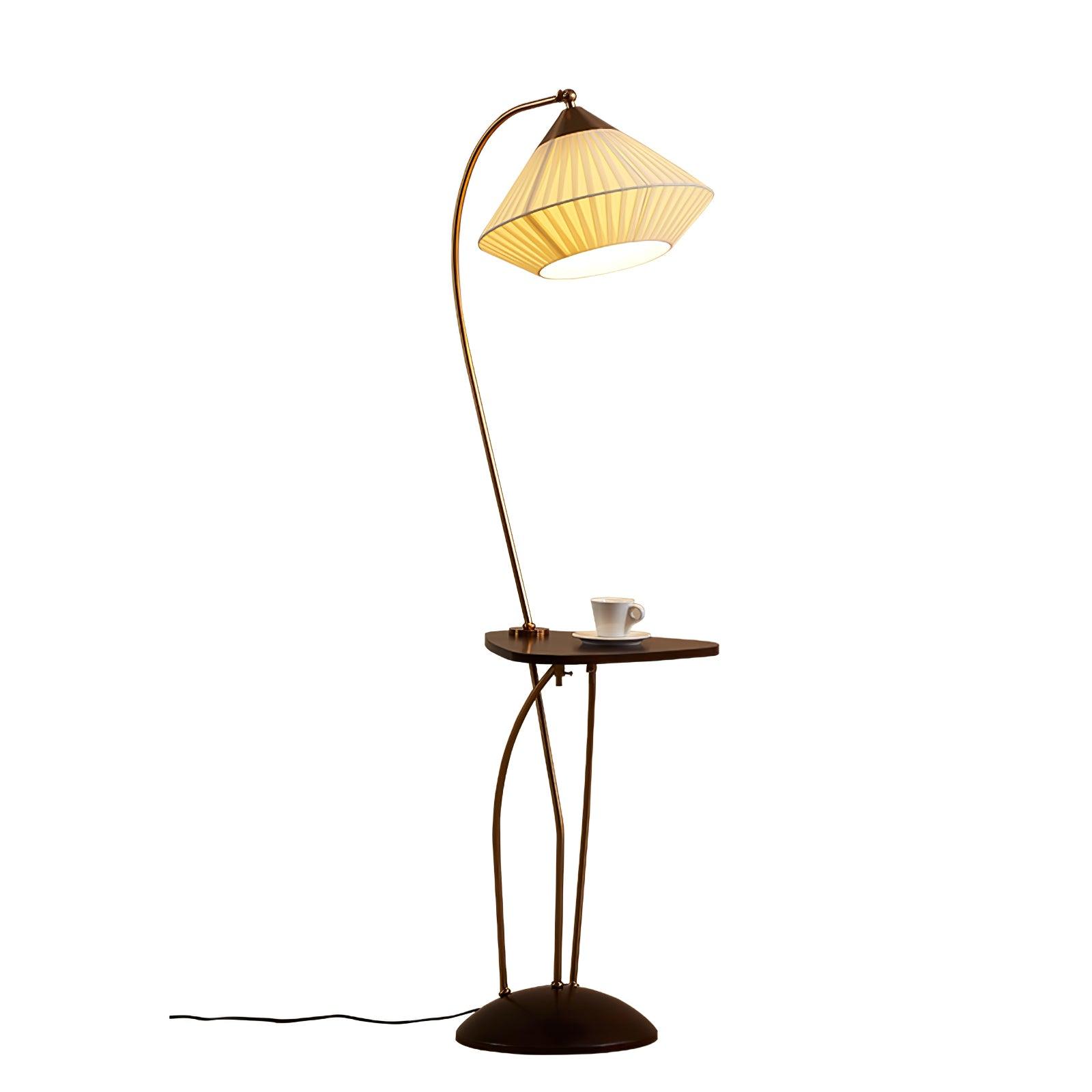 Modern Curve Floor Lamp with Built in Side Table and Walnut Wood Accents