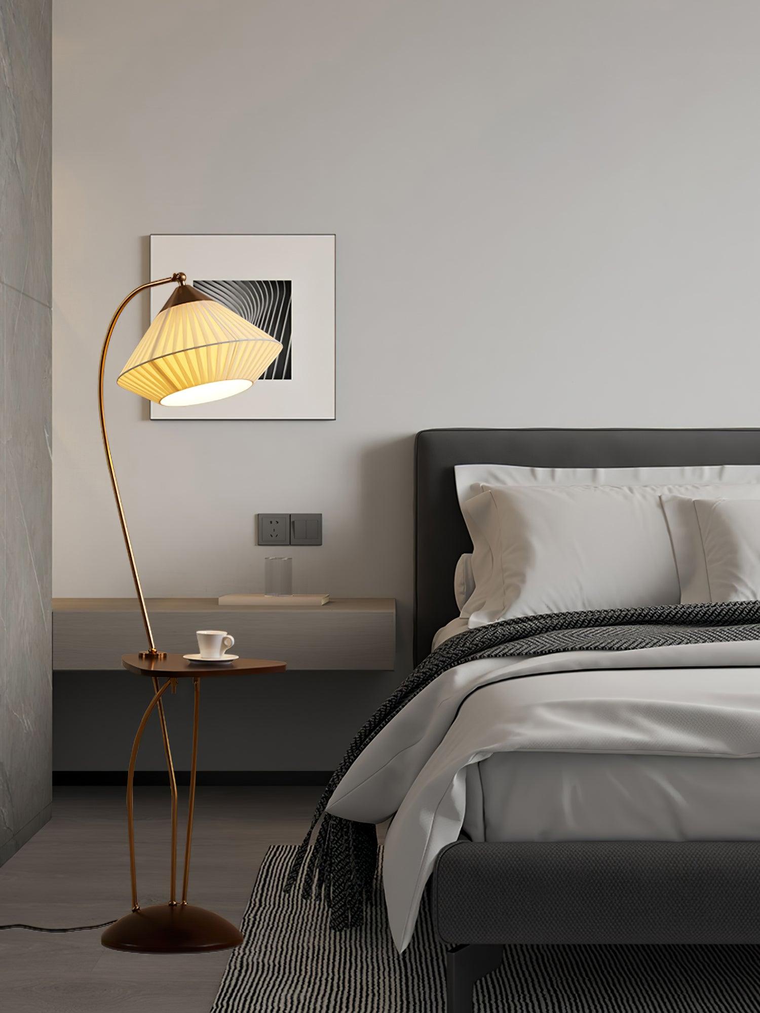Modern Curve Floor Lamp with Built in Side Table and Walnut Wood Accents
