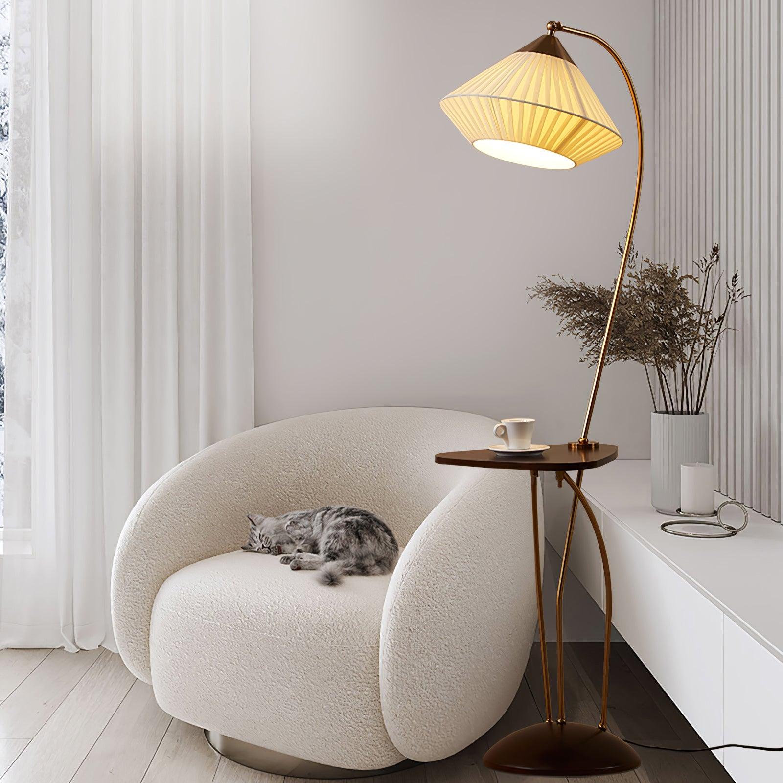 Modern Curve Floor Lamp with Built in Side Table and Walnut Wood Accents