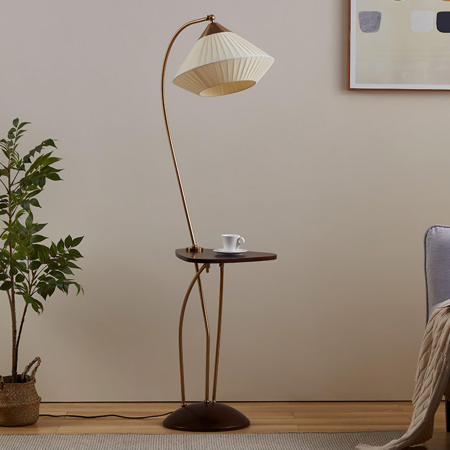 Modern Curve Floor Lamp with Built in Side Table and Walnut Wood Accents