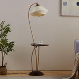 Modern Curve Floor Lamp with Built in Side Table and Walnut Wood Accents