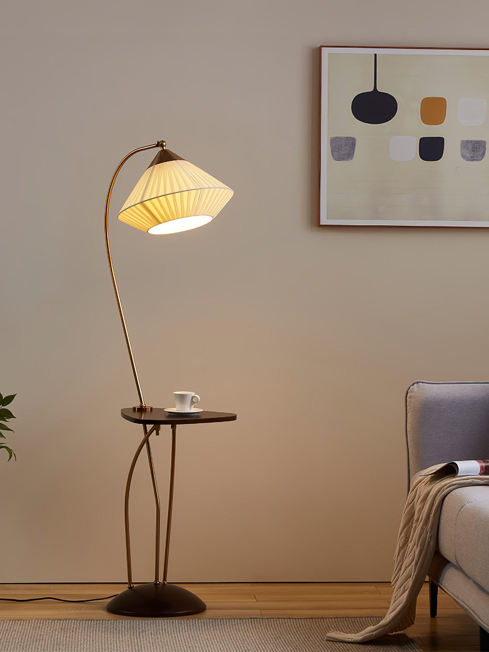 Modern Curve Floor Lamp with Built in Side Table and Walnut Wood Accents