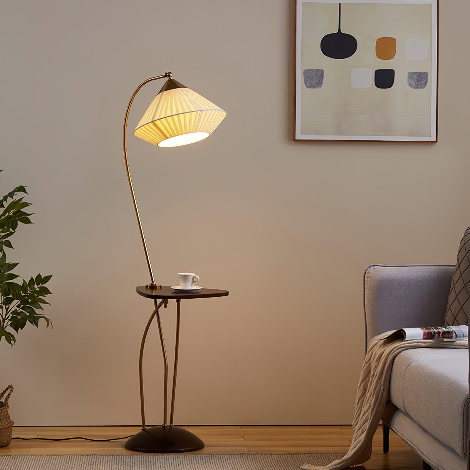 Modern Curve Floor Lamp with Built in Side Table and Walnut Wood Accents
