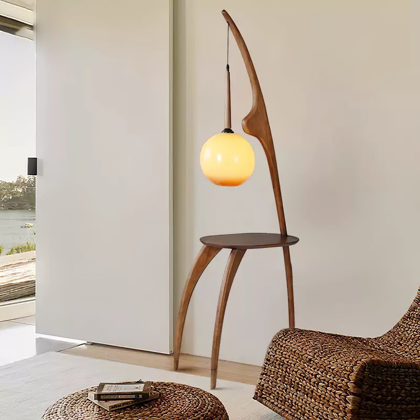 Modern Curved Mantis Wood Floor Lamp with Amber Glass Orb Shade for Living Room and Bedroom
