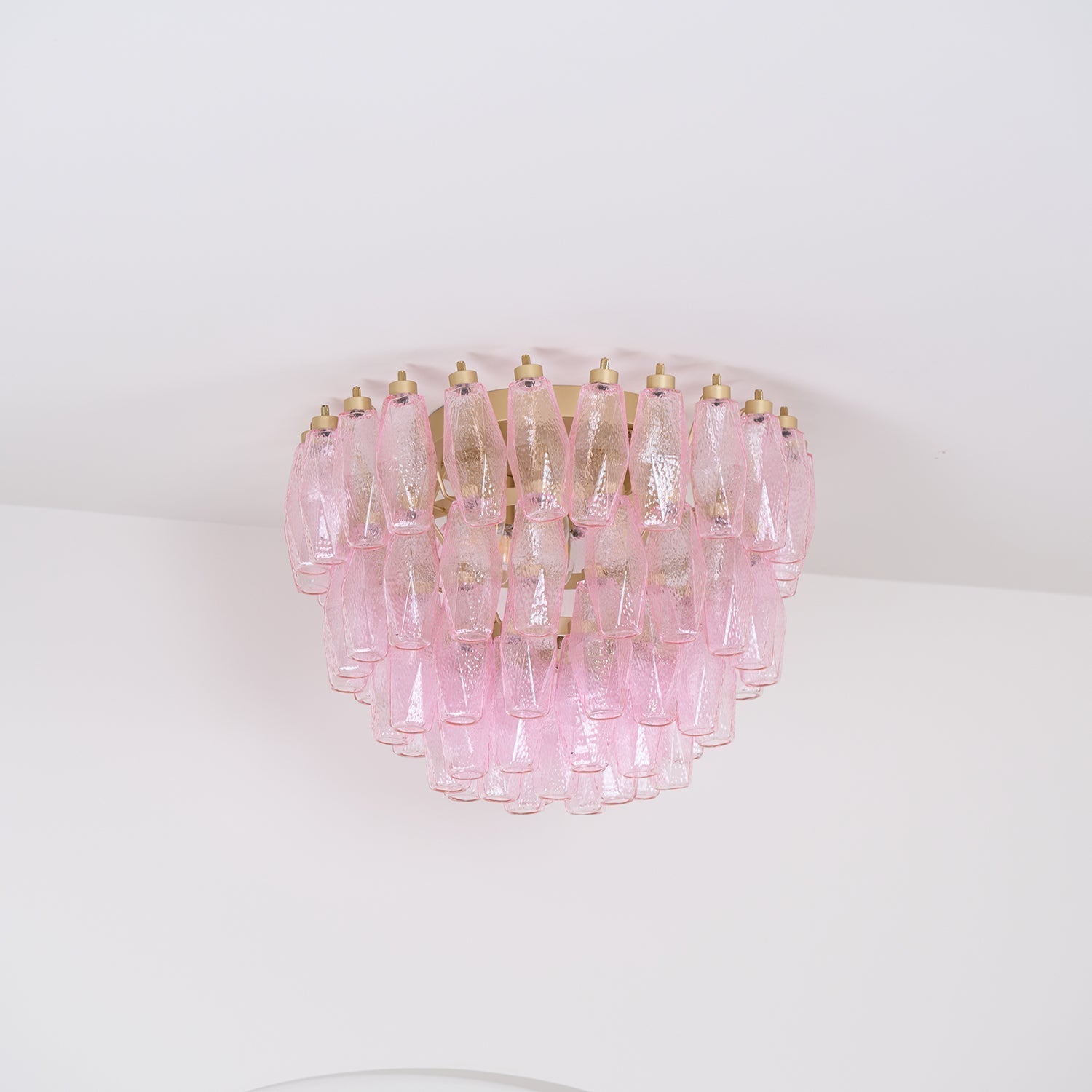 Pink Murano Glass Poliedri Geometric Flush Mount Ceiling Light with Gold Finish and LED Compatibility