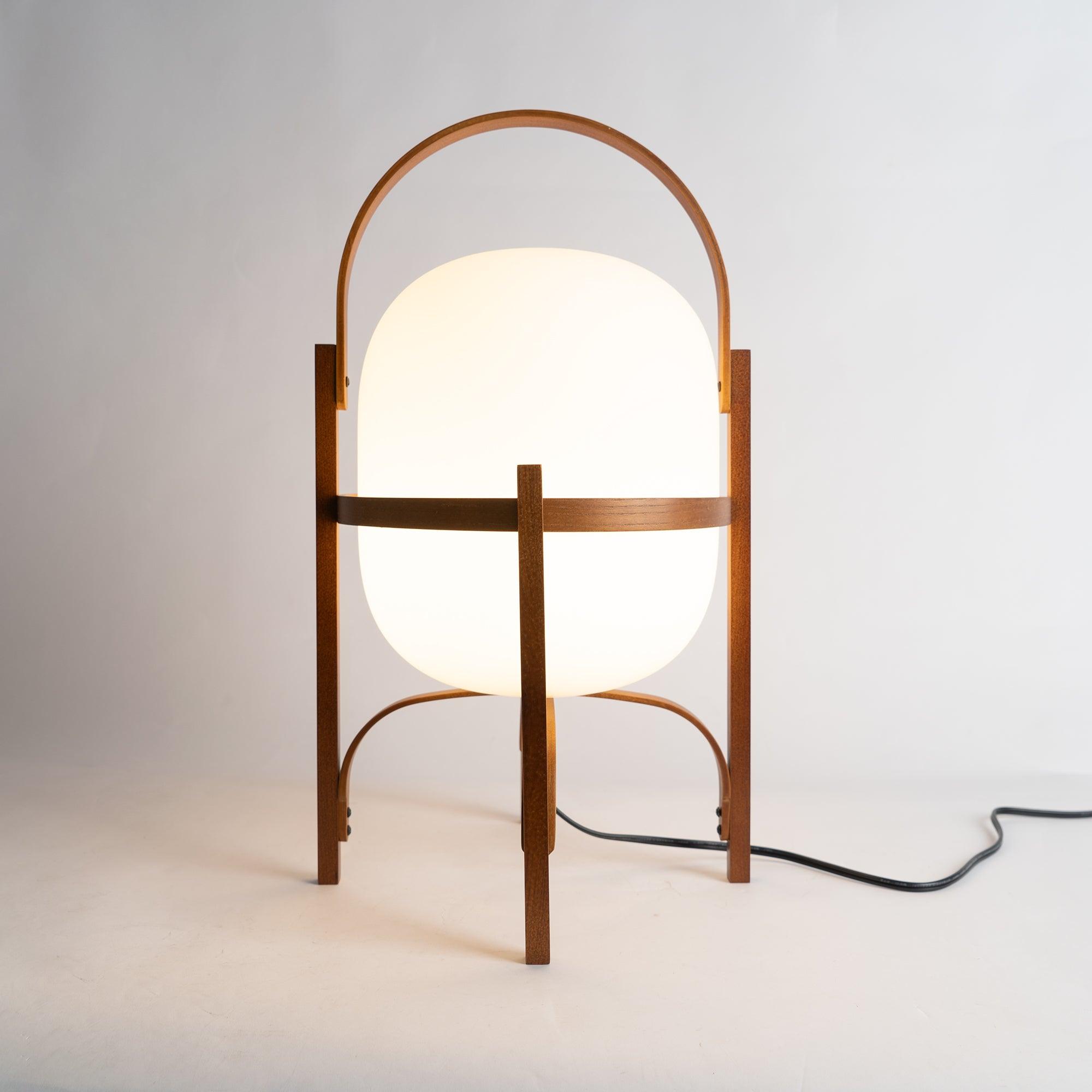 Modern Portable Glass Lantern Table Lamp with Wood Handle and Glass Shade for Ambient Lighting
