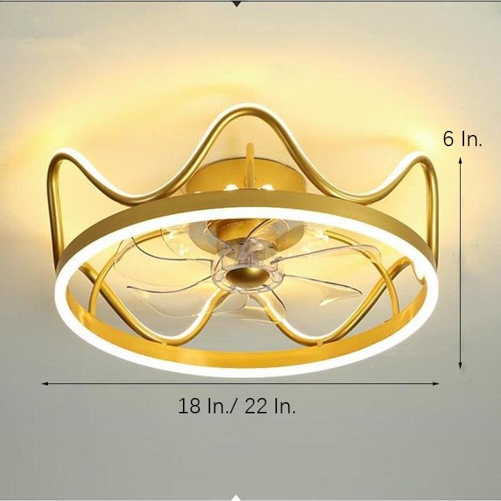 Modern Crown Shape LED Ceiling Fan with Light Dimmable Flush Mount Gold and Black Finish