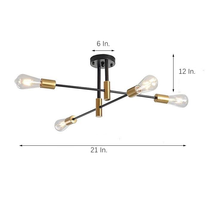 Modern 4 Light Semi Flush Mount Ceiling Light with Adjustable Arms in Black and Gold Brass