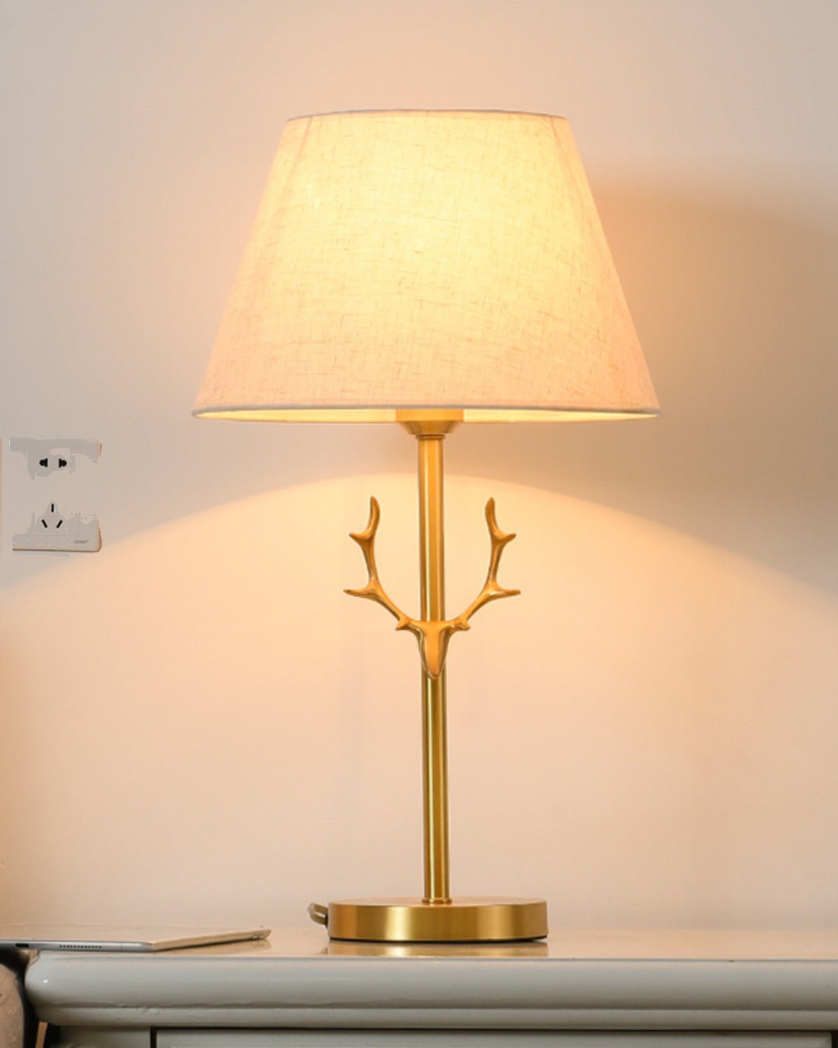 Dalton Antler Inspired Brass Table Lamp with Fabric Shade for Bedside and Living Room Decor