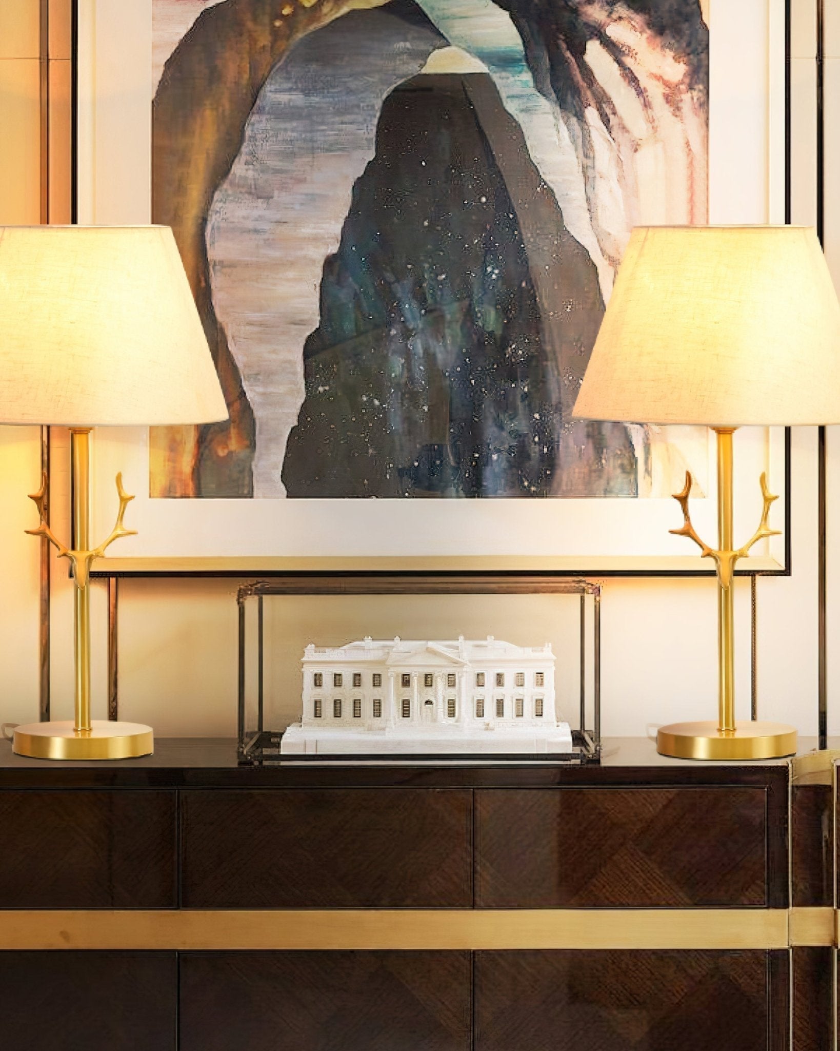 Dalton Antler Inspired Brass Table Lamp with Fabric Shade for Bedside and Living Room Decor