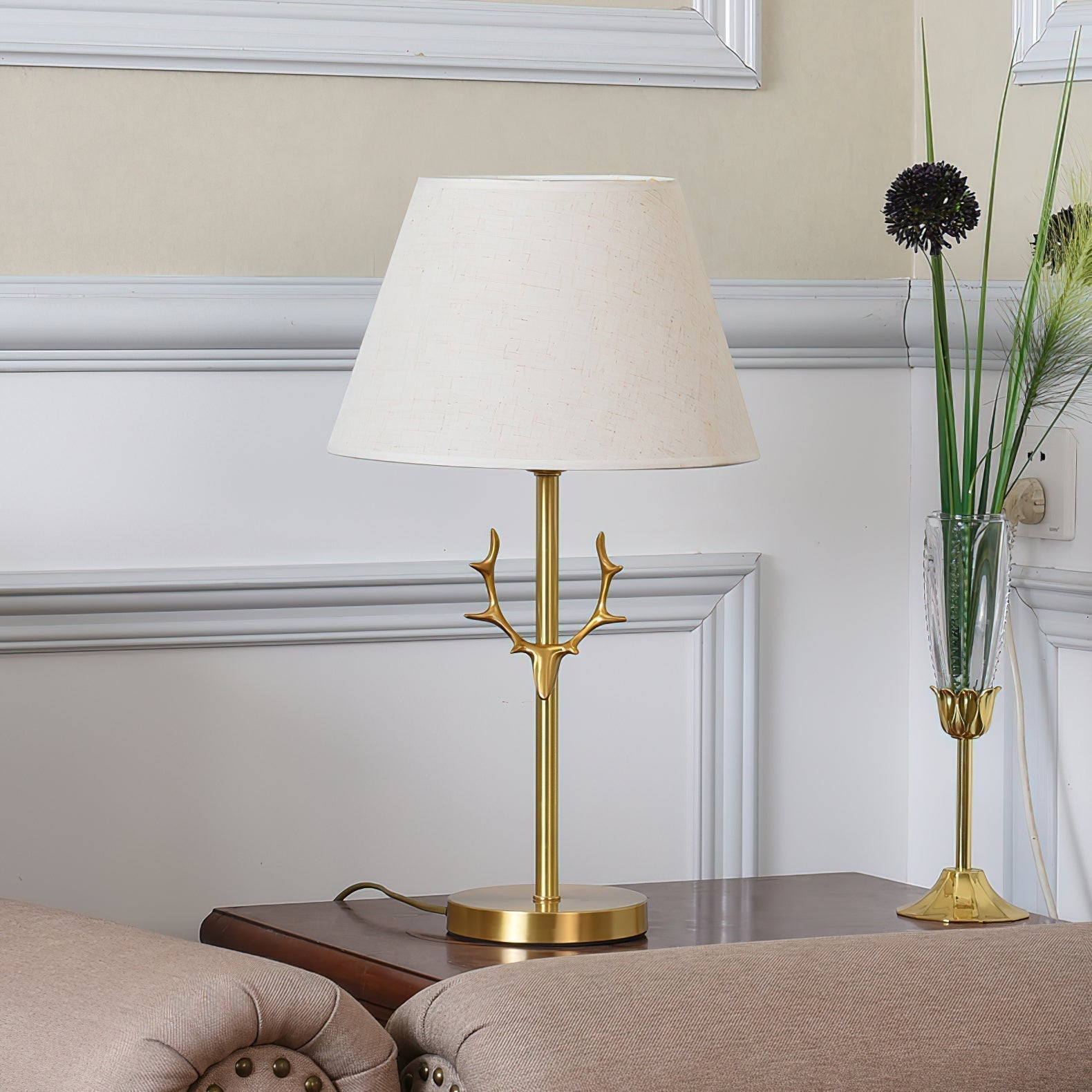 Dalton Antler Inspired Brass Table Lamp with Fabric Shade for Bedside and Living Room Decor