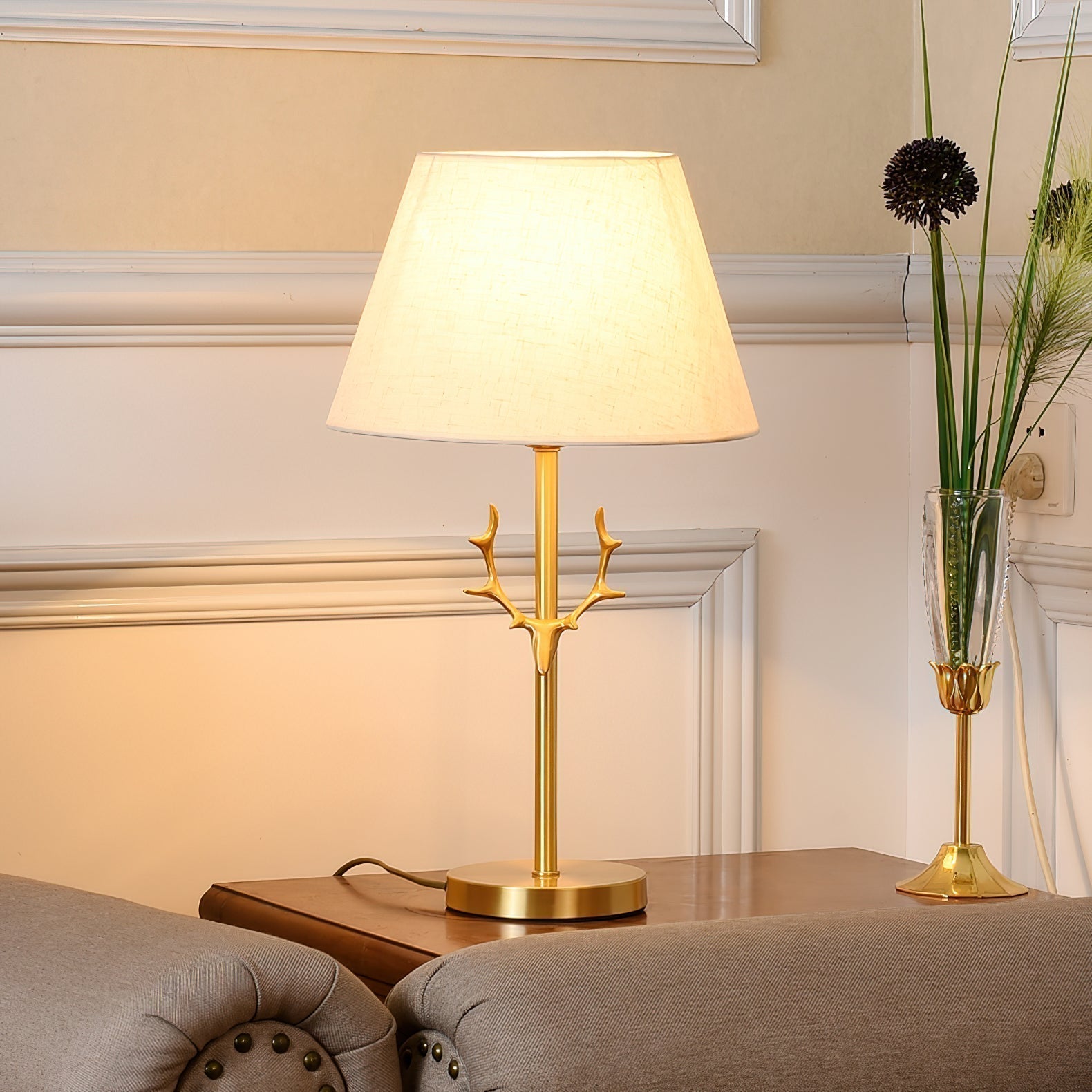 Dalton Antler Inspired Brass Table Lamp with Fabric Shade for Bedside and Living Room Decor