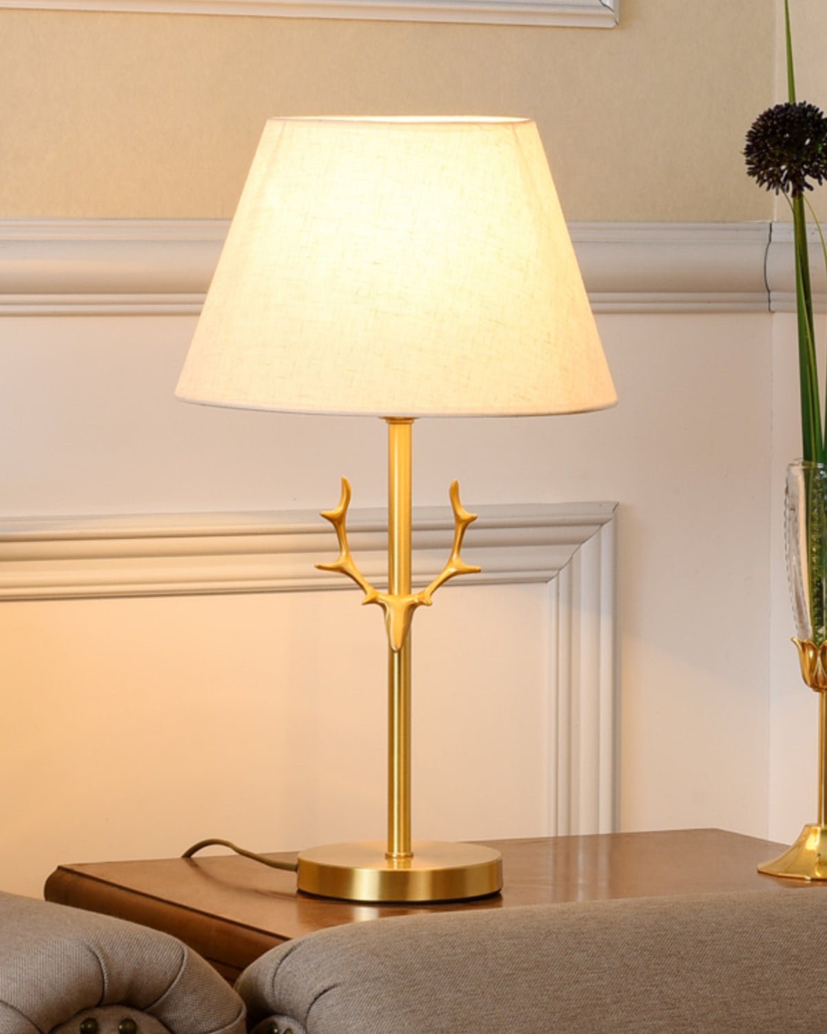 Dalton Antler Inspired Brass Table Lamp with Fabric Shade for Bedside and Living Room Decor