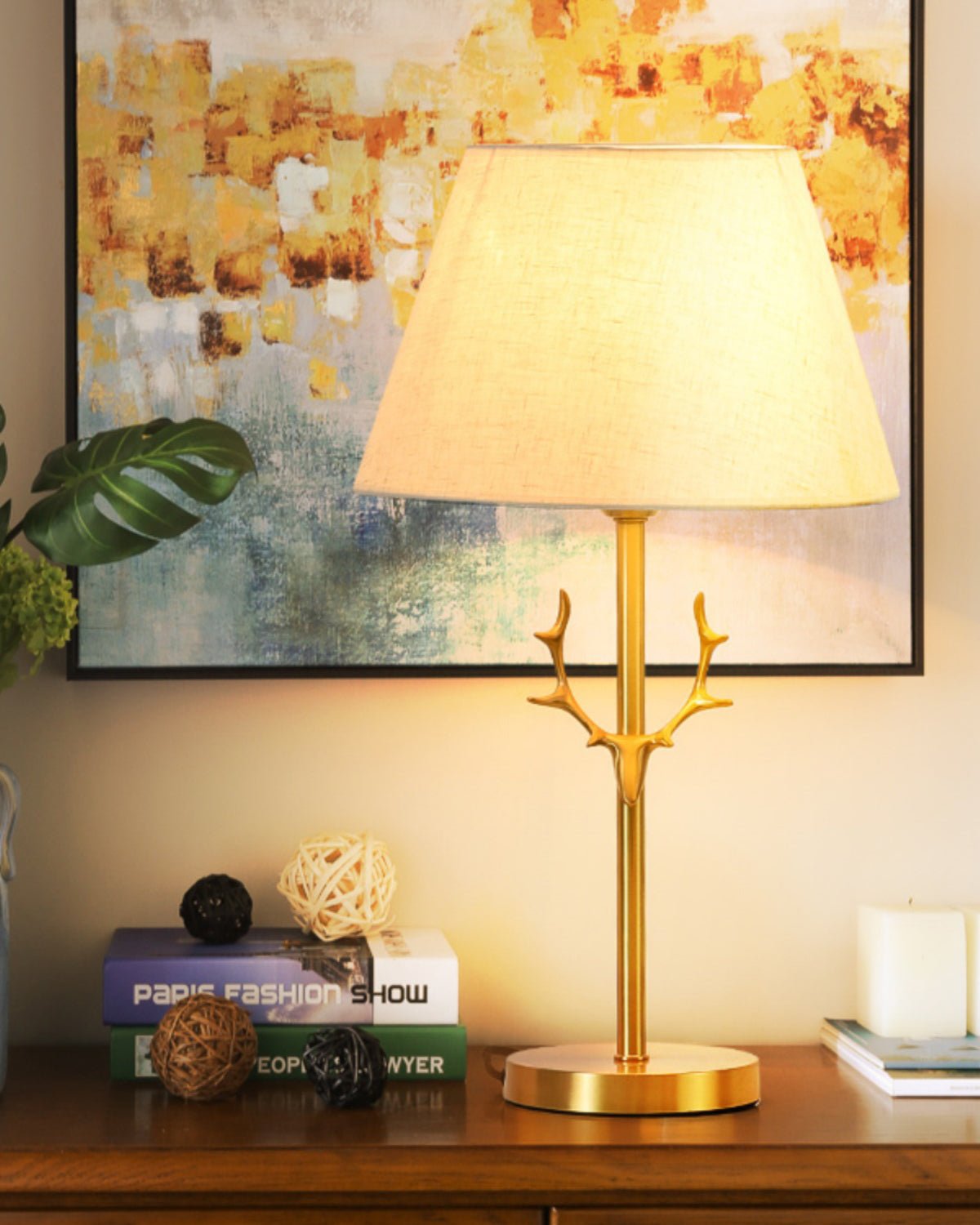 Dalton Antler Inspired Brass Table Lamp with Fabric Shade for Bedside and Living Room Decor