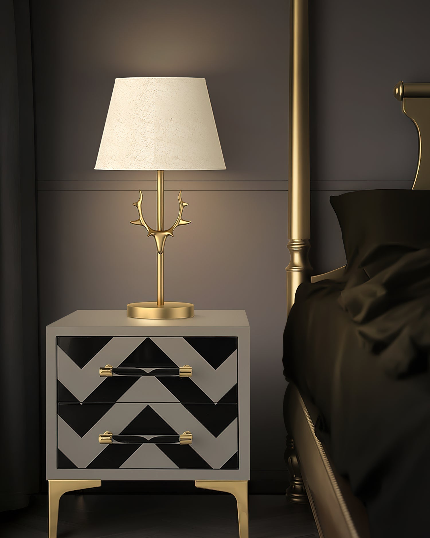 Dalton Antler Inspired Brass Table Lamp with Fabric Shade for Bedside and Living Room Decor