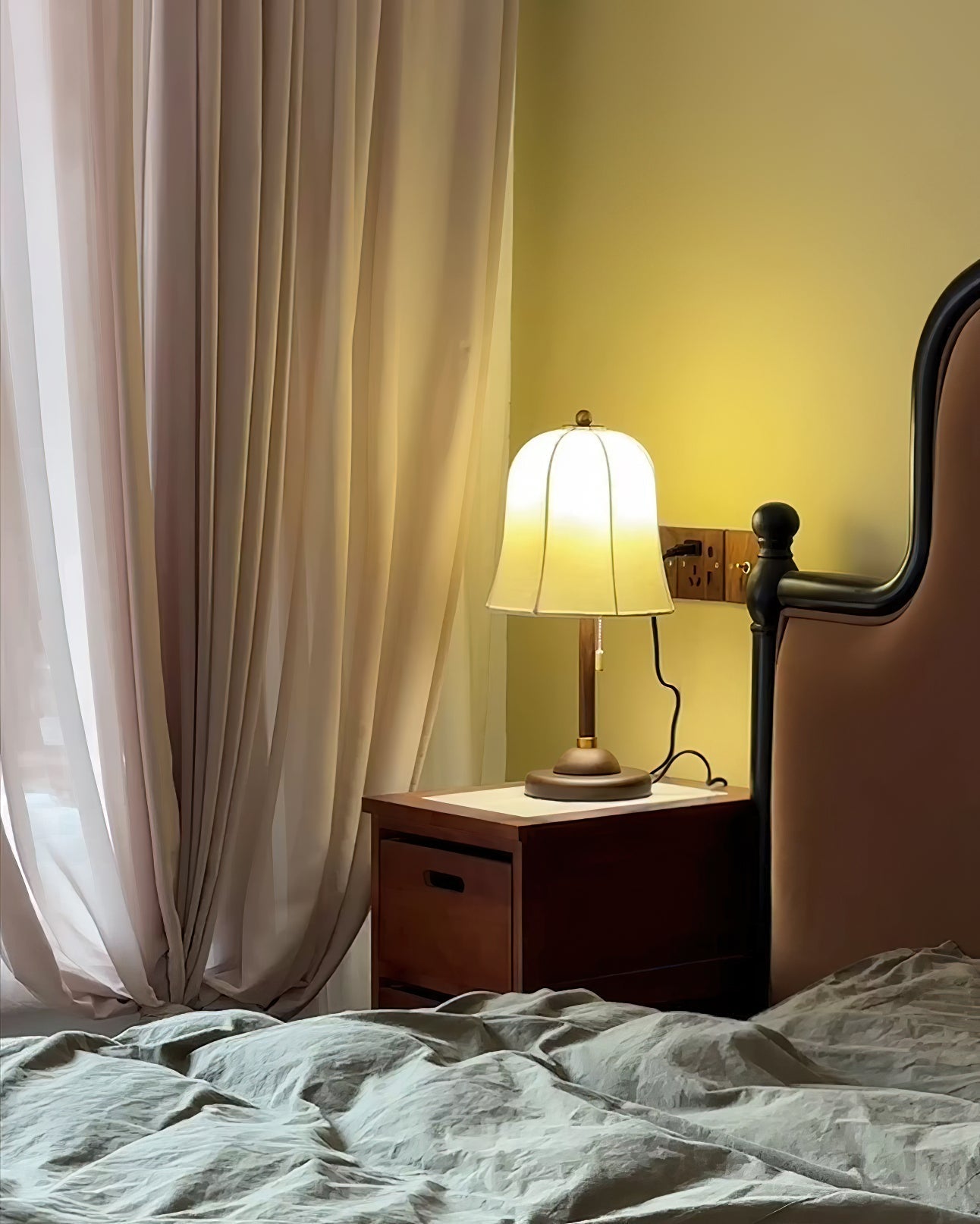 Daphne Accent Table Lamp with Walnut Wood Base and Printed Fabric Shade for Bedrooms