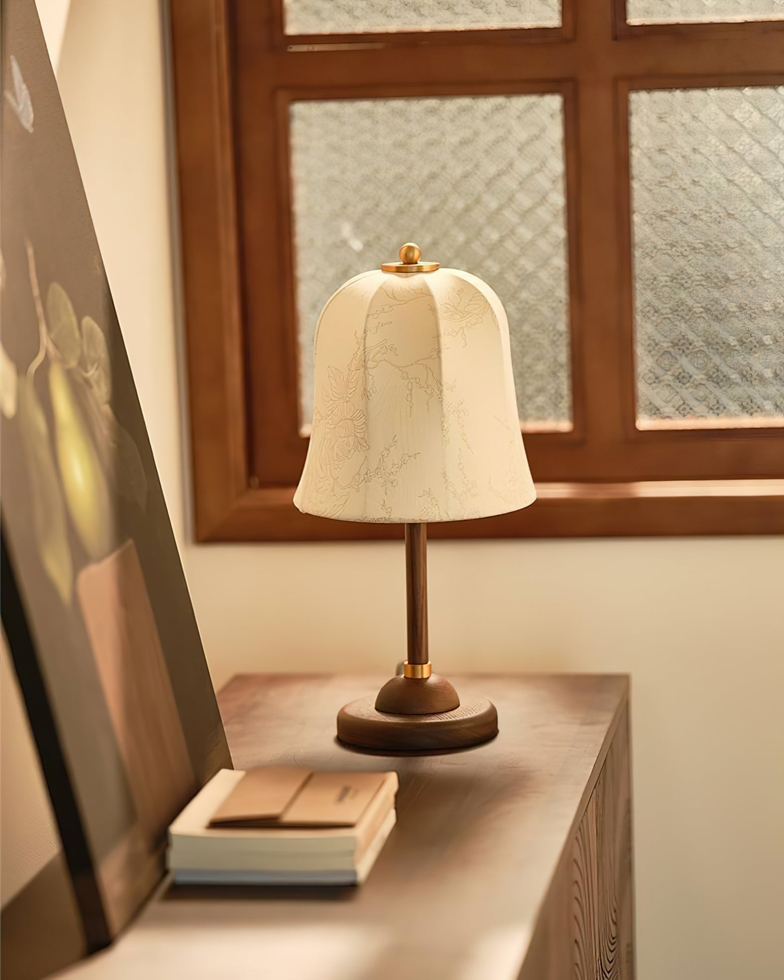 Daphne Accent Table Lamp with Walnut Wood Base and Printed Fabric Shade for Bedrooms