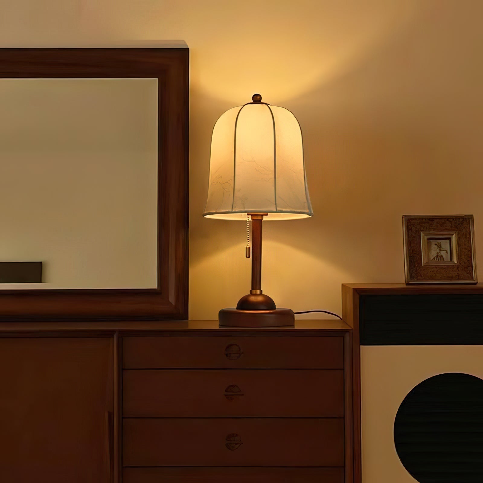 Daphne Accent Table Lamp with Walnut Wood Base and Printed Fabric Shade for Bedrooms