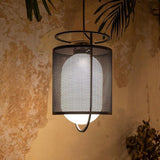 modern-industrial-black-cage-pendant-light-with-oval-fiberglass-shade-for-living-room