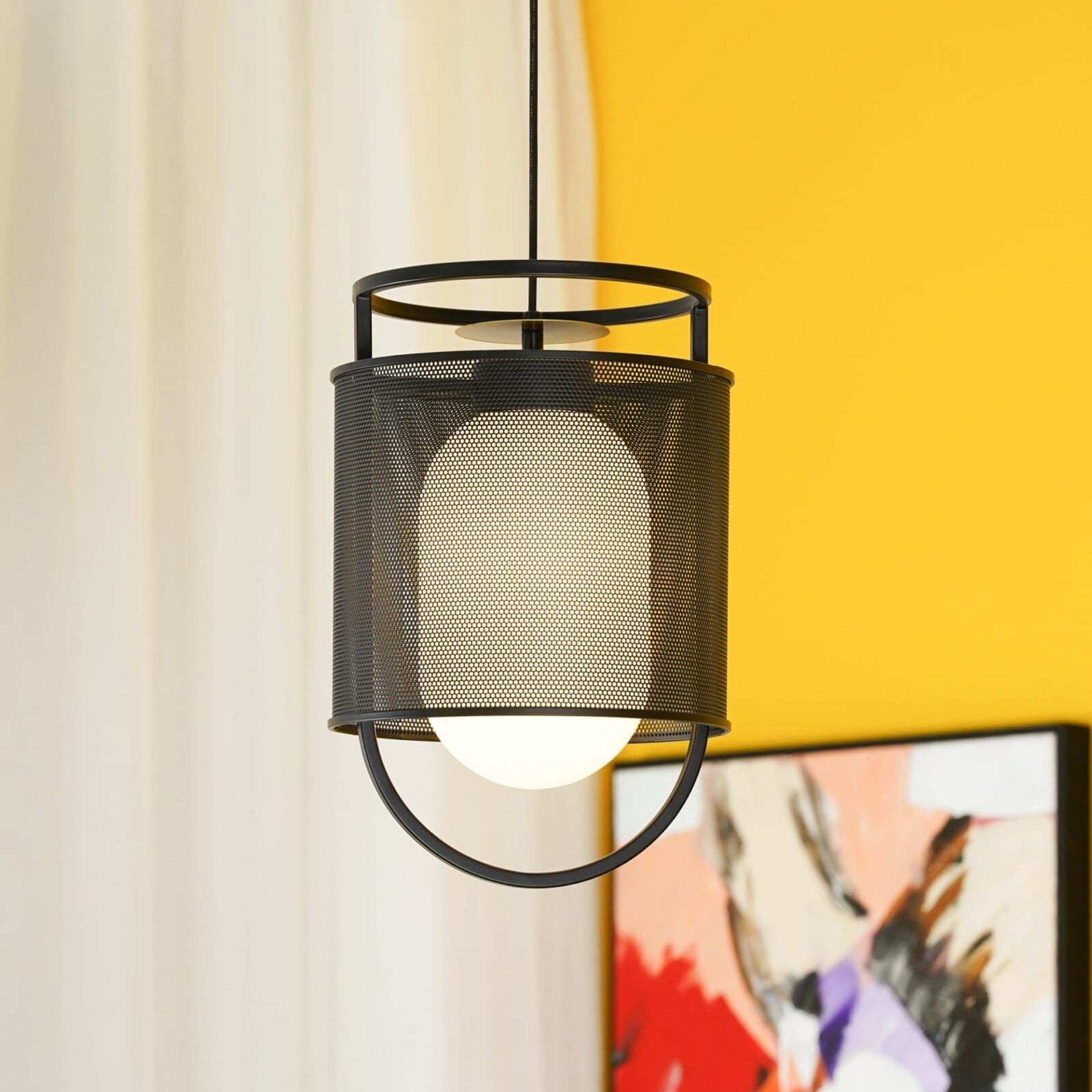 modern-industrial-black-cage-pendant-light-with-oval-fiberglass-shade-for-living-room