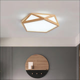 Modern Geometric Diamond Wood Flush Mount LED Ceiling Lamp for Living Room