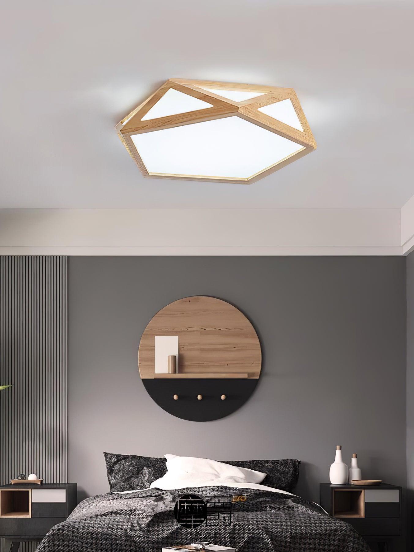 Modern Geometric Diamond Wood Flush Mount LED Ceiling Lamp for Living Room
