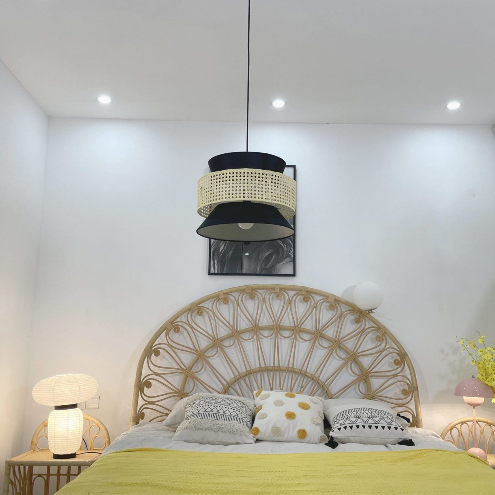 woven-rattan-cane-and-linen-pendant-light-vintage-style-suspended-ceiling-fixture