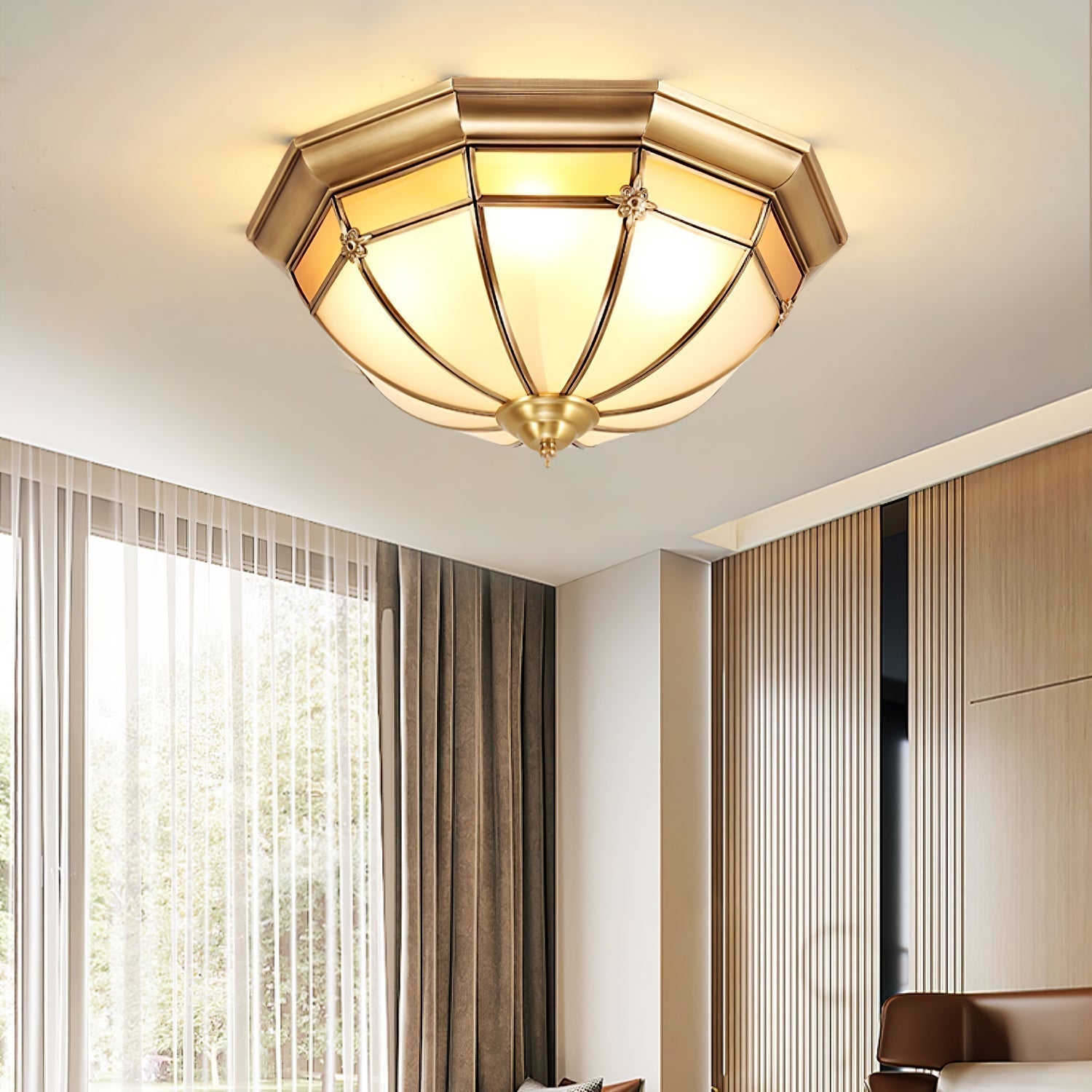 Modern Brass Dome Flush Mount Ceiling Light with Frosted Glass Shade