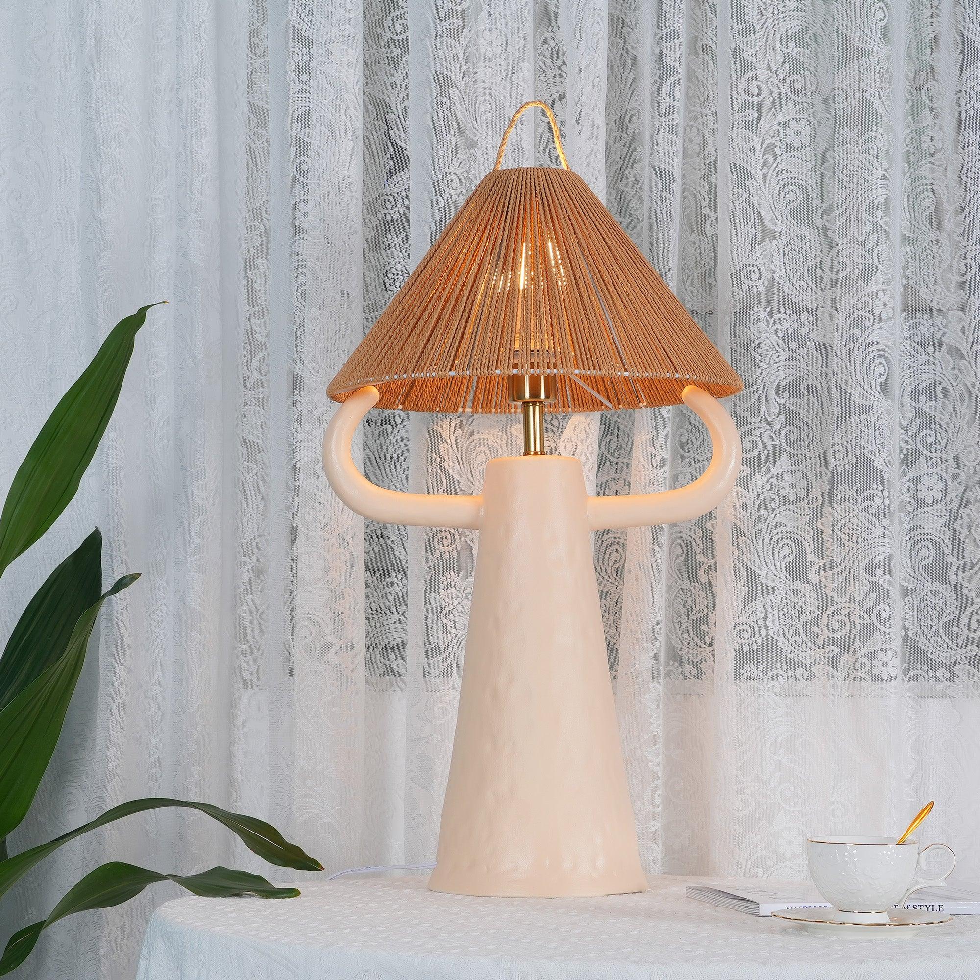 Horns Handmade Ceramic Bedside Lamp with Braided Rope Shade for Elegant Home Decor