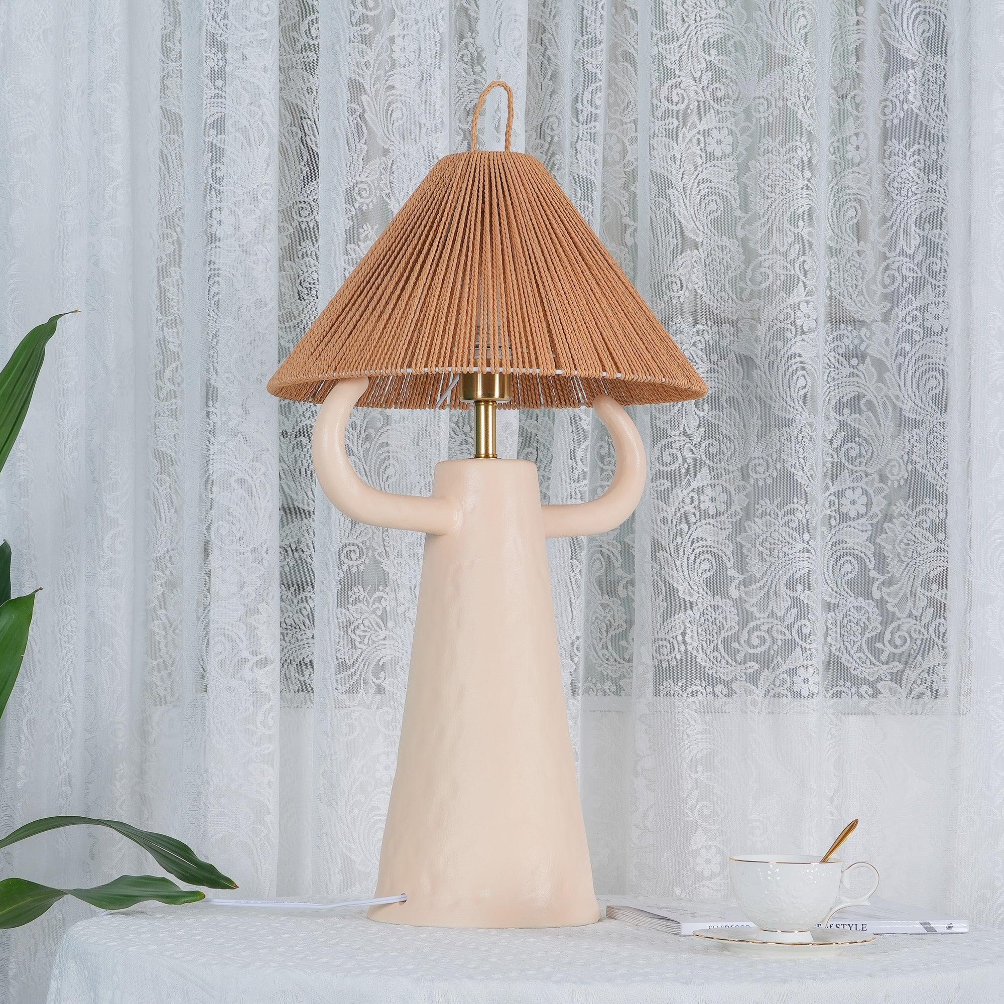 Horns Handmade Ceramic Bedside Lamp with Braided Rope Shade for Elegant Home Decor