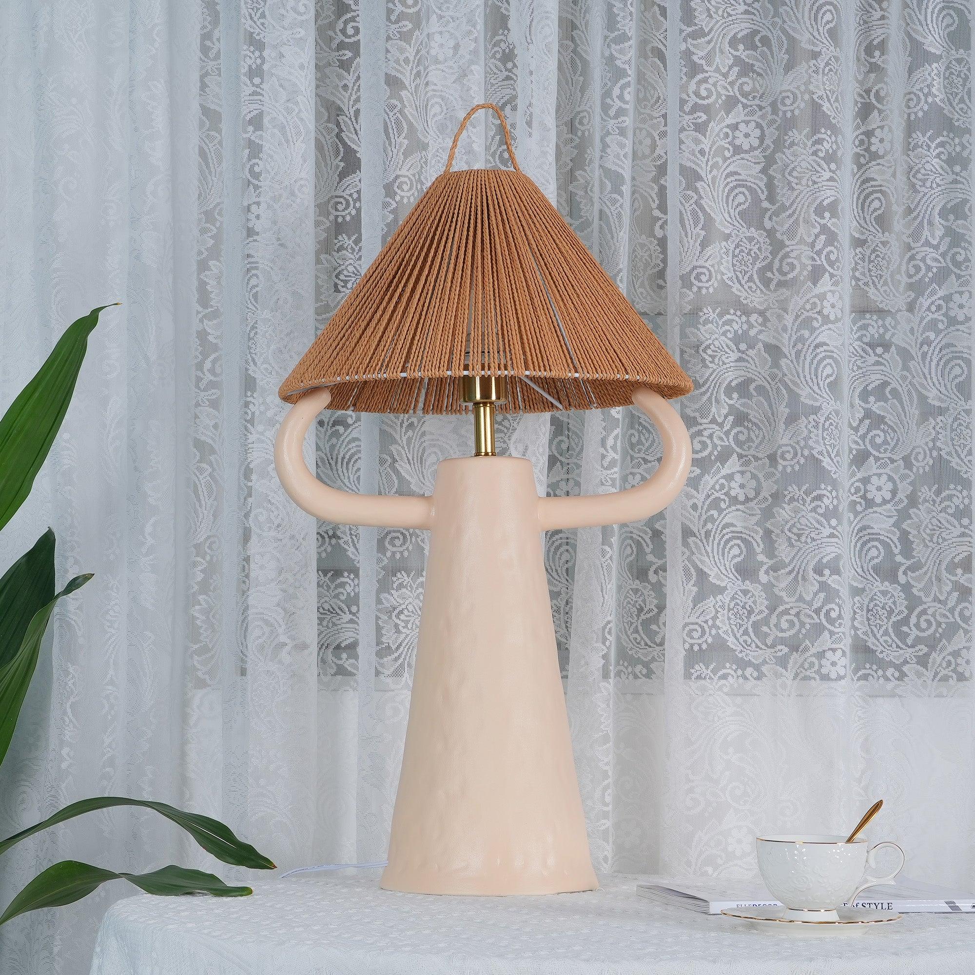 Horns Handmade Ceramic Bedside Lamp with Braided Rope Shade for Elegant Home Decor