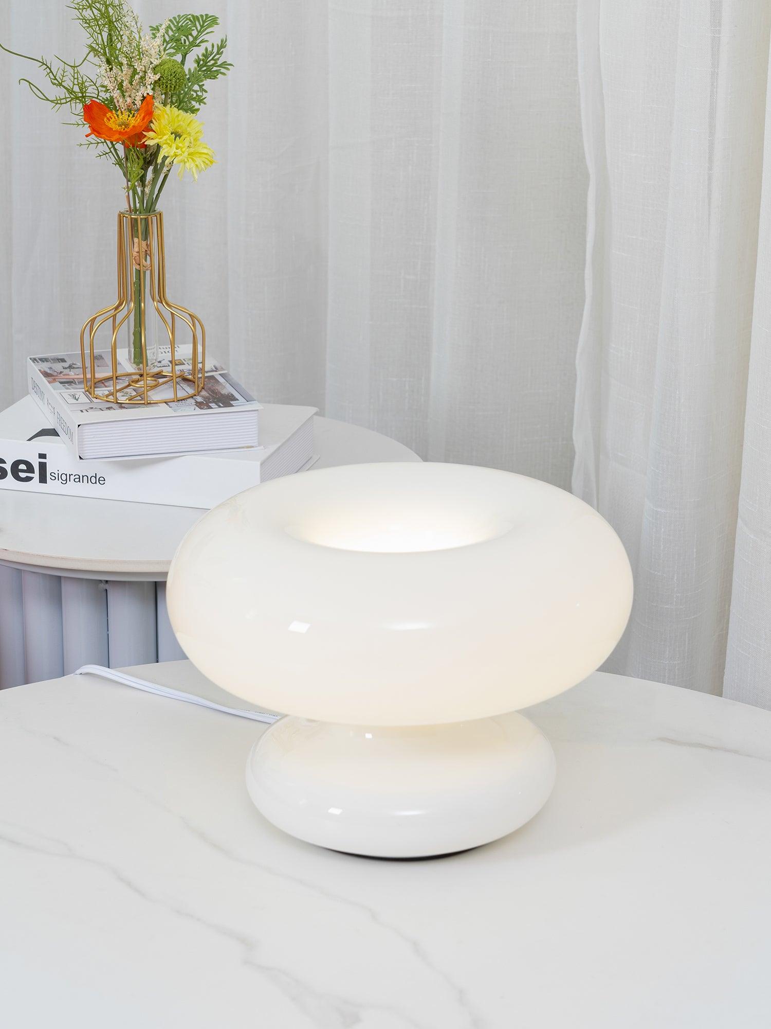 Modern Mid Century Donut Frosted Glass Table Lamp Minimalist Round Accent Lighting for Bedside and Living Room