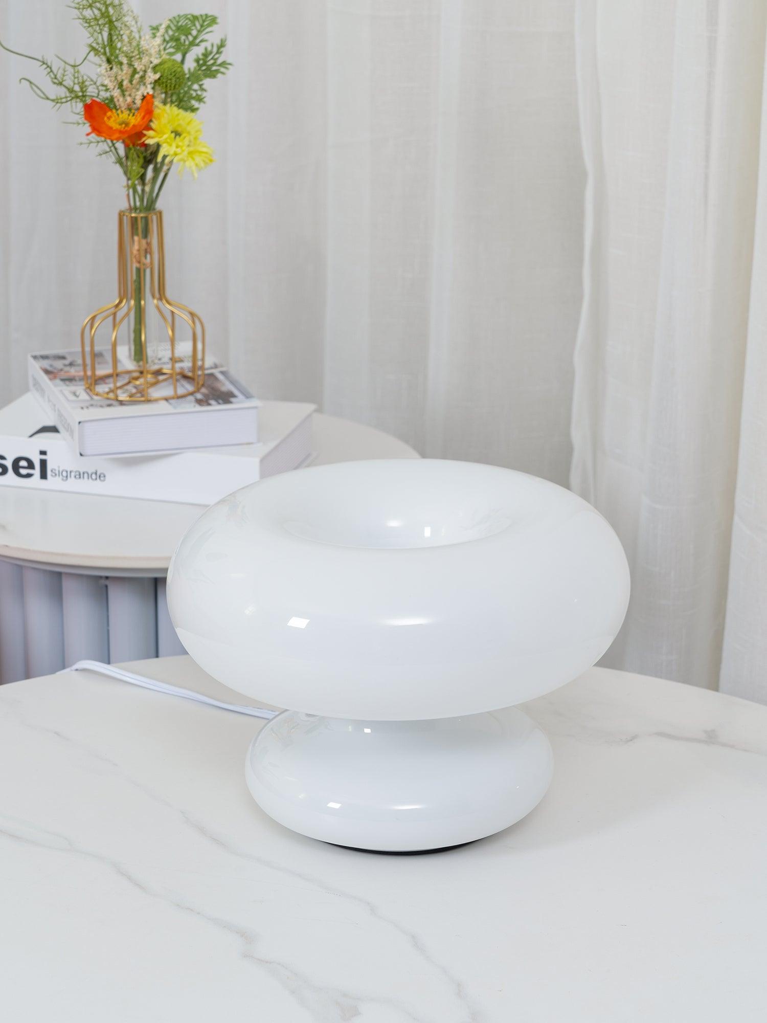 Modern Mid Century Donut Frosted Glass Table Lamp Minimalist Round Accent Lighting for Bedside and Living Room
