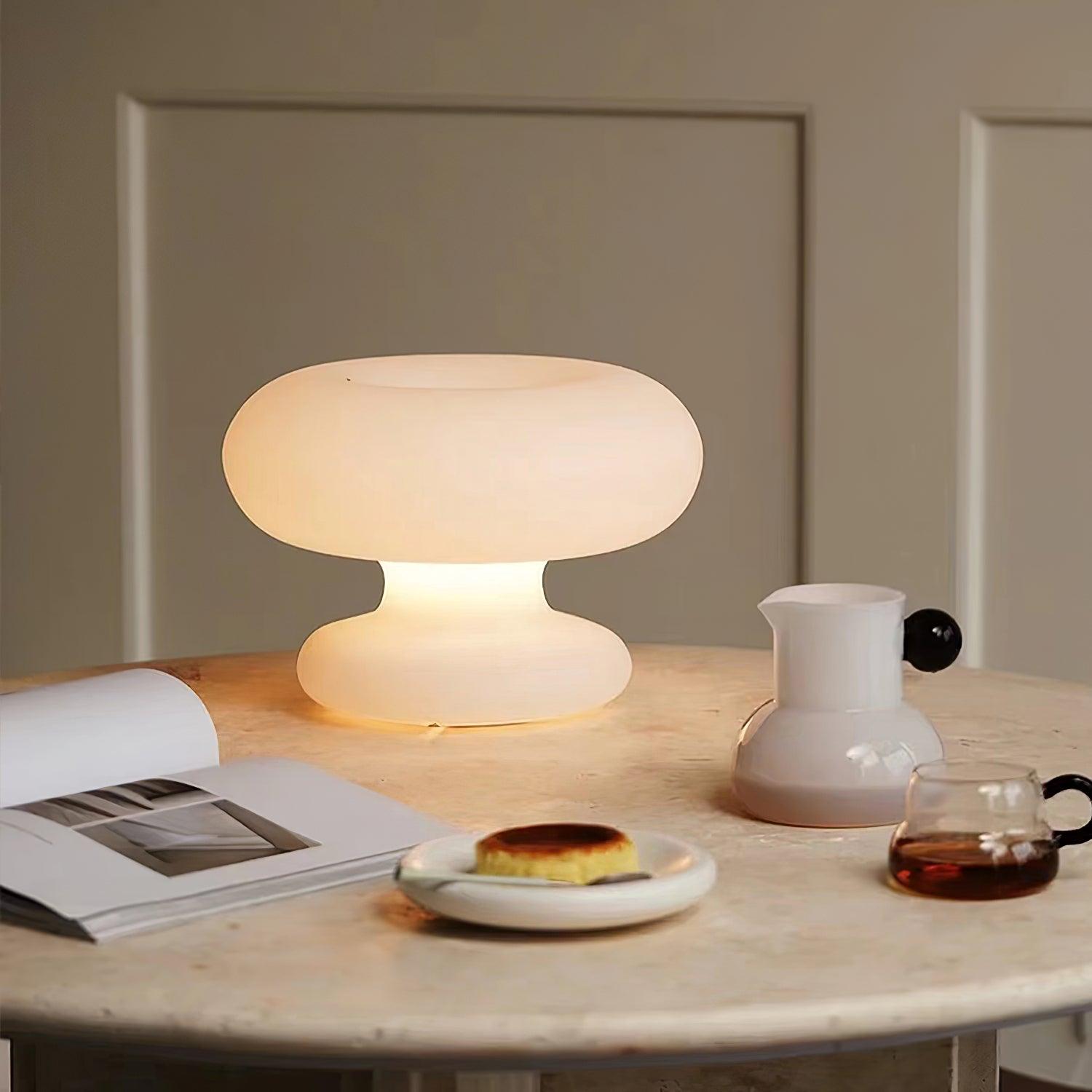 Modern Mid Century Donut Frosted Glass Table Lamp Minimalist Round Accent Lighting for Bedside and Living Room