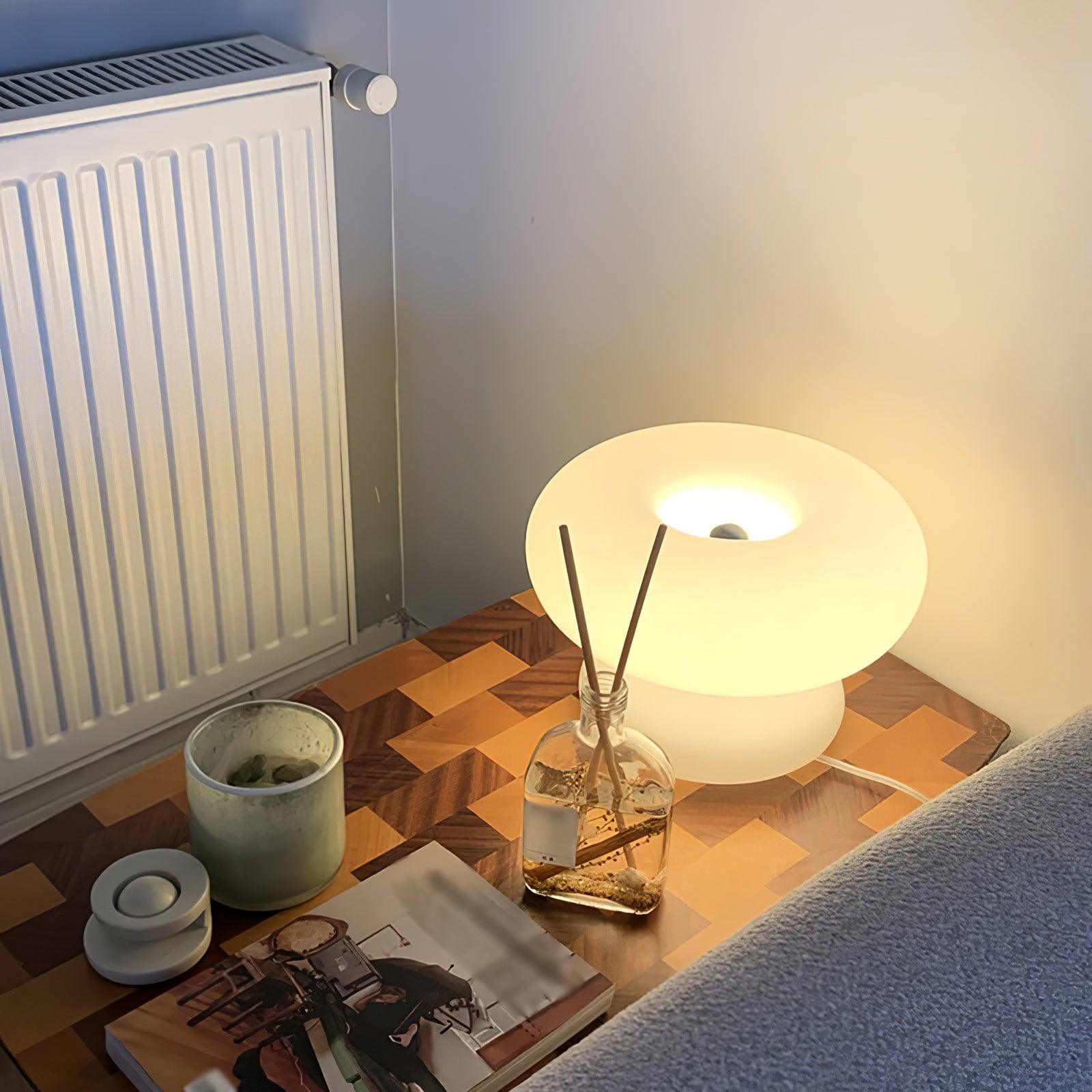 Modern Mid Century Donut Frosted Glass Table Lamp Minimalist Round Accent Lighting for Bedside and Living Room