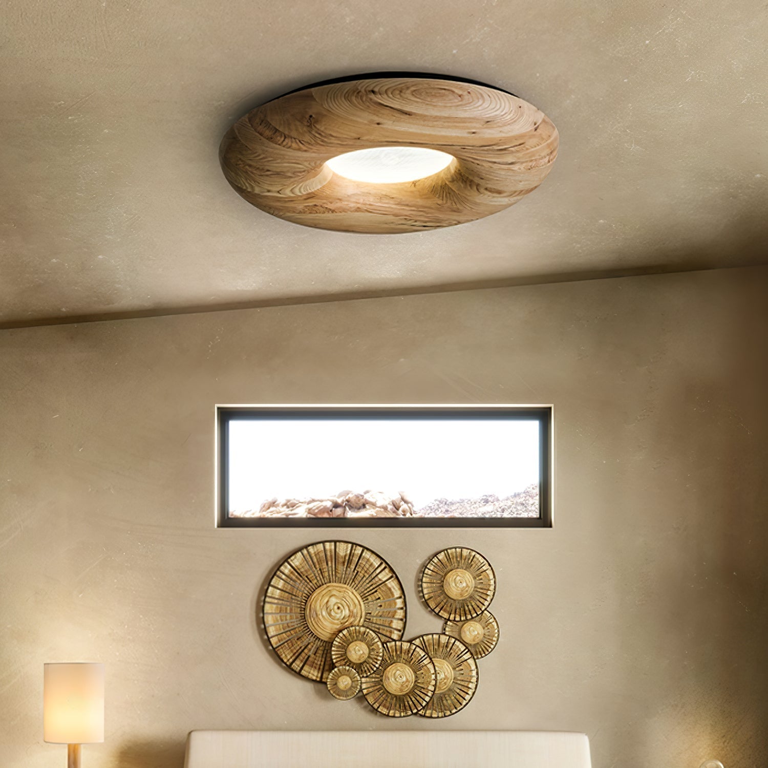 Modern Round Wood Donut LED Ceiling Light Large Flush Mount Fixture for Home