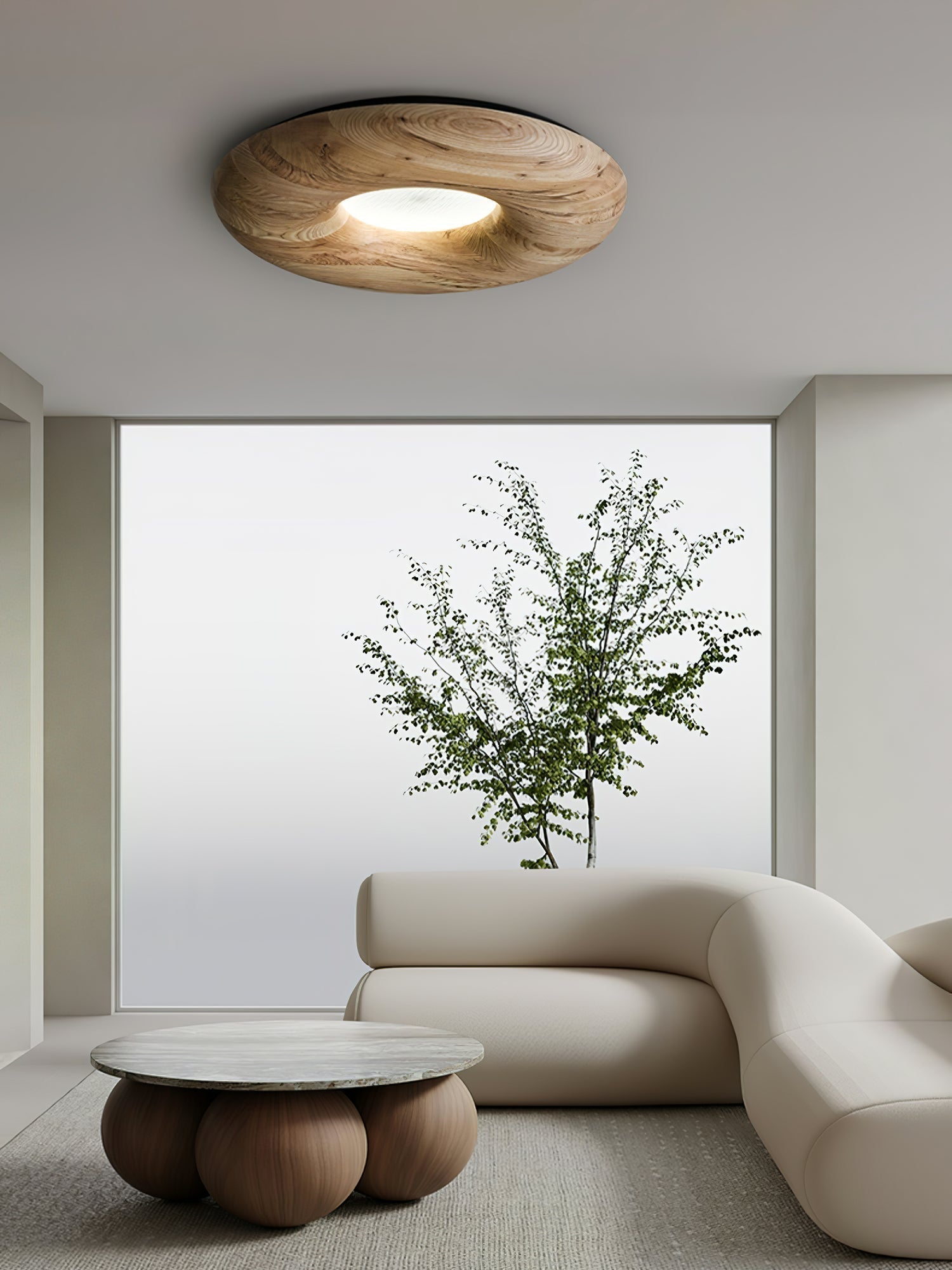 Modern Round Wood Donut LED Ceiling Light Large Flush Mount Fixture for Home